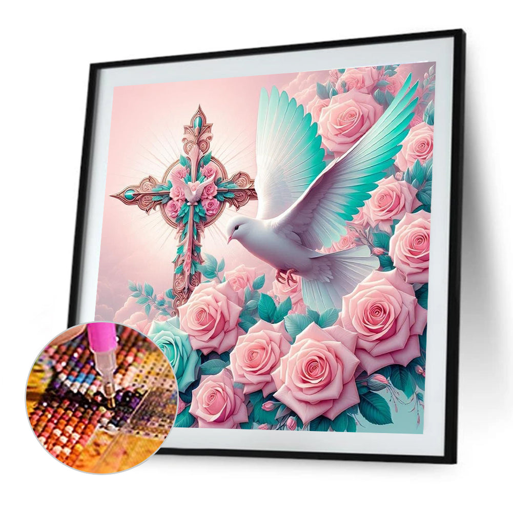 Cross Rose White Dove - Full Round Drill Diamond Painting 40*40CM