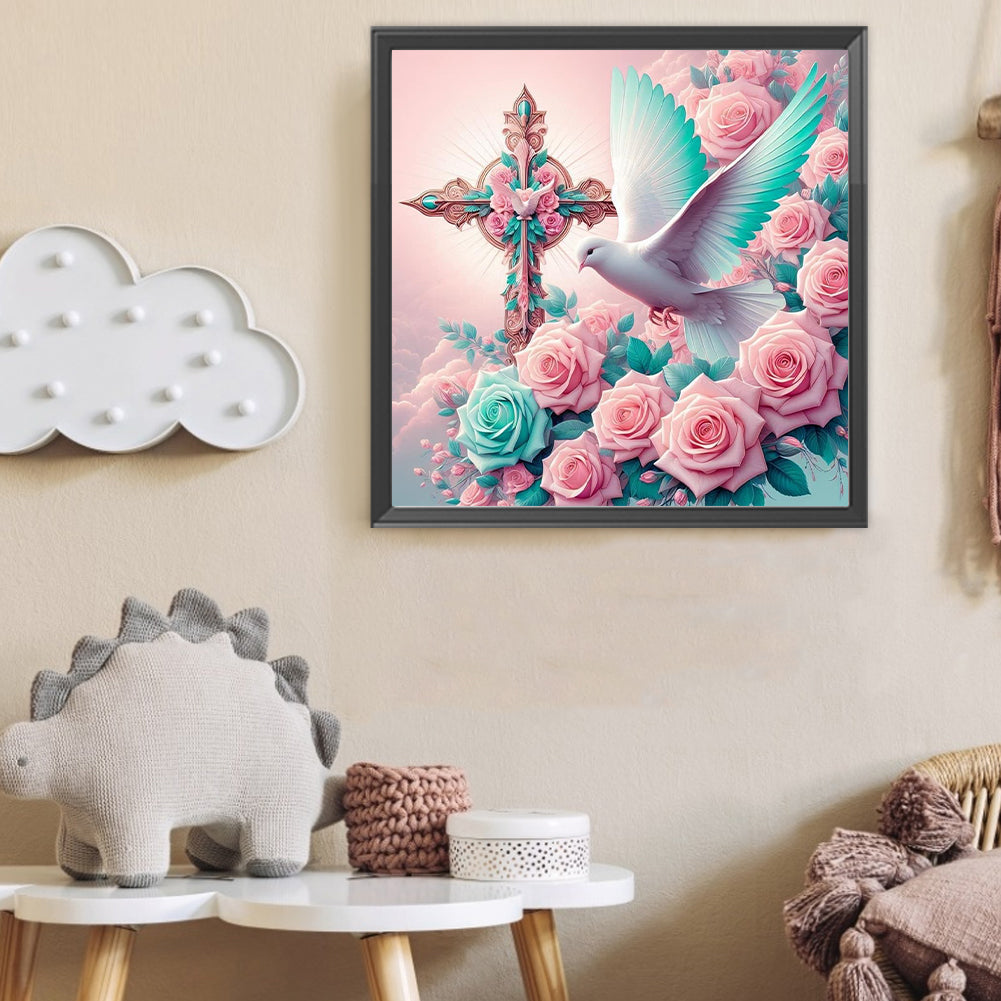 Cross Rose White Dove - Full Round Drill Diamond Painting 40*40CM