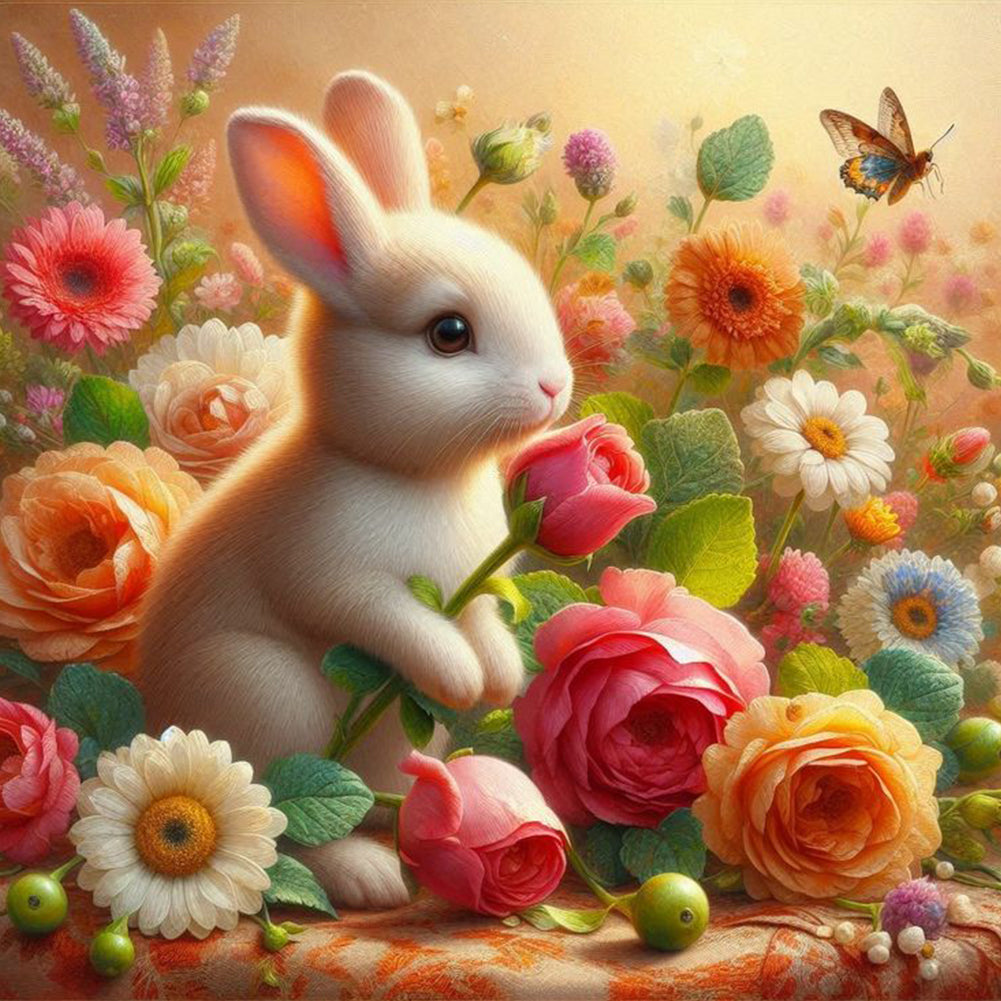 Butterfly Rabbit In The Flower Bush - Full Round Drill Diamond Painting 40*40CM