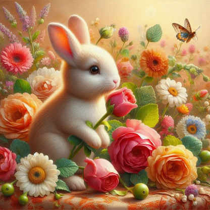 Butterfly Rabbit In The Flower Bush - Full Round Drill Diamond Painting 40*40CM