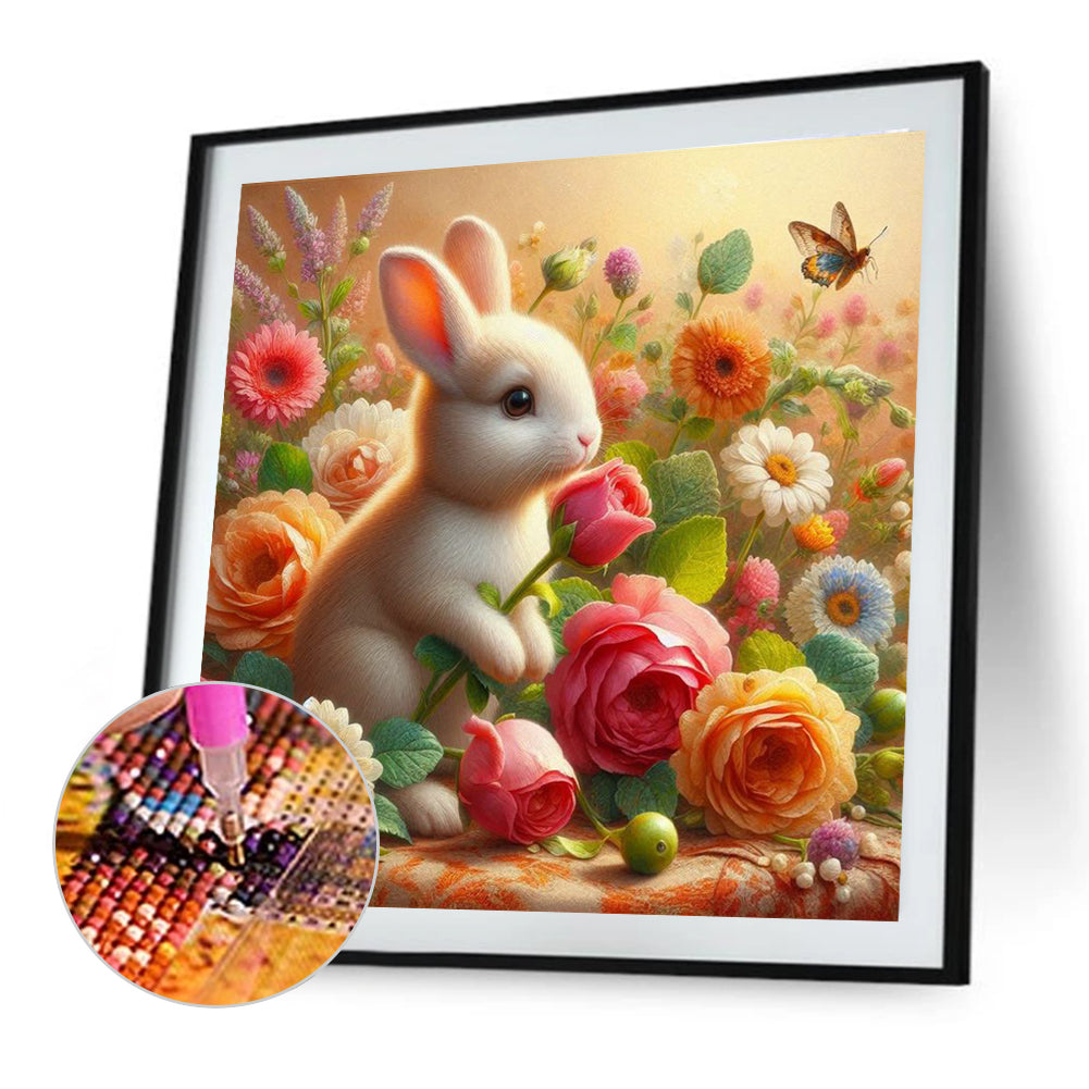 Butterfly Rabbit In The Flower Bush - Full Round Drill Diamond Painting 40*40CM