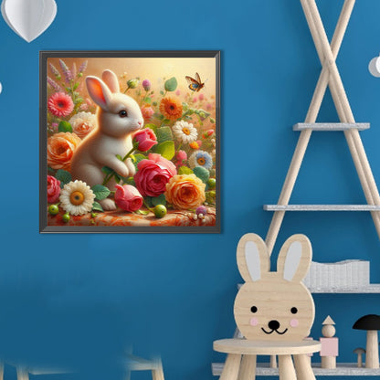Butterfly Rabbit In The Flower Bush - Full Round Drill Diamond Painting 40*40CM