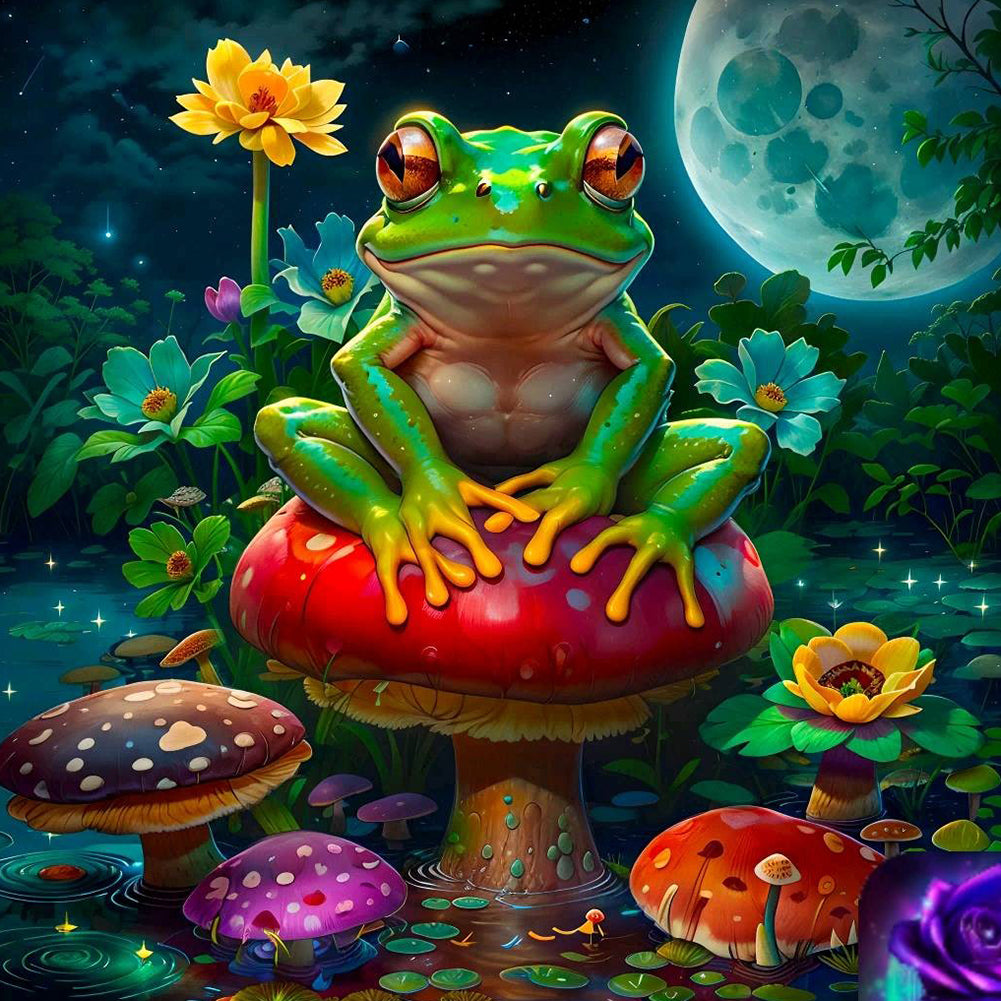 Mushroom Pond Frog Under The Moon - Full Round Drill Diamond Painting 40*40CM
