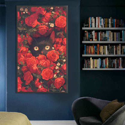 Black Cat In The Red Rose Bush - Full AB Round Drill Diamond Painting 40*70CM