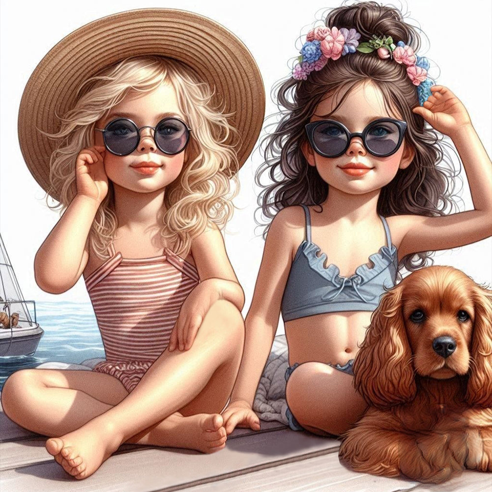 Two Girls With Sunglasses - Full Round Drill Diamond Painting 40*40CM