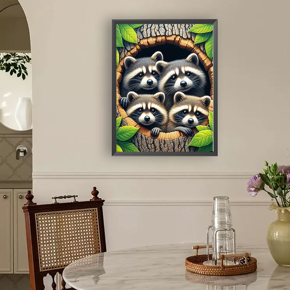 Tree Hole Raccoons - Full Round Drill Diamond Painting 30*40CM