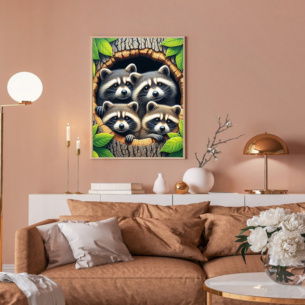 Tree Hole Raccoons - Full Round Drill Diamond Painting 30*40CM
