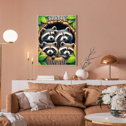 Tree Hole Raccoons - Full Round Drill Diamond Painting 30*40CM