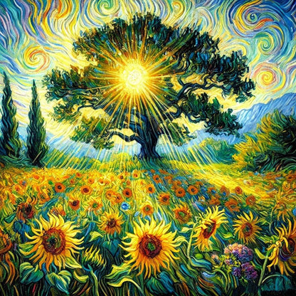 Landscape Painting Of Tree Of Life Sunflower Field - Full Round Drill Diamond Painting 40*40CM