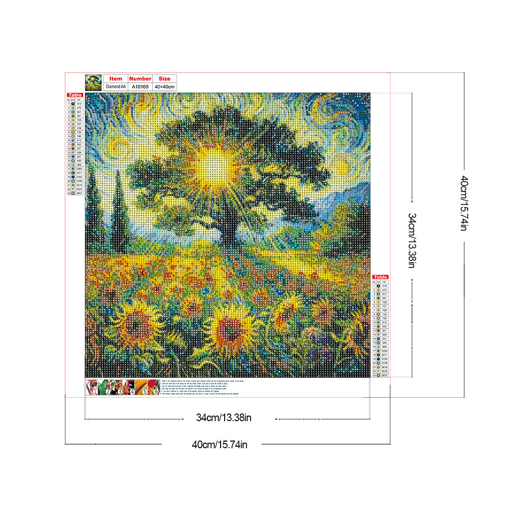 Landscape Painting Of Tree Of Life Sunflower Field - Full Round Drill Diamond Painting 40*40CM
