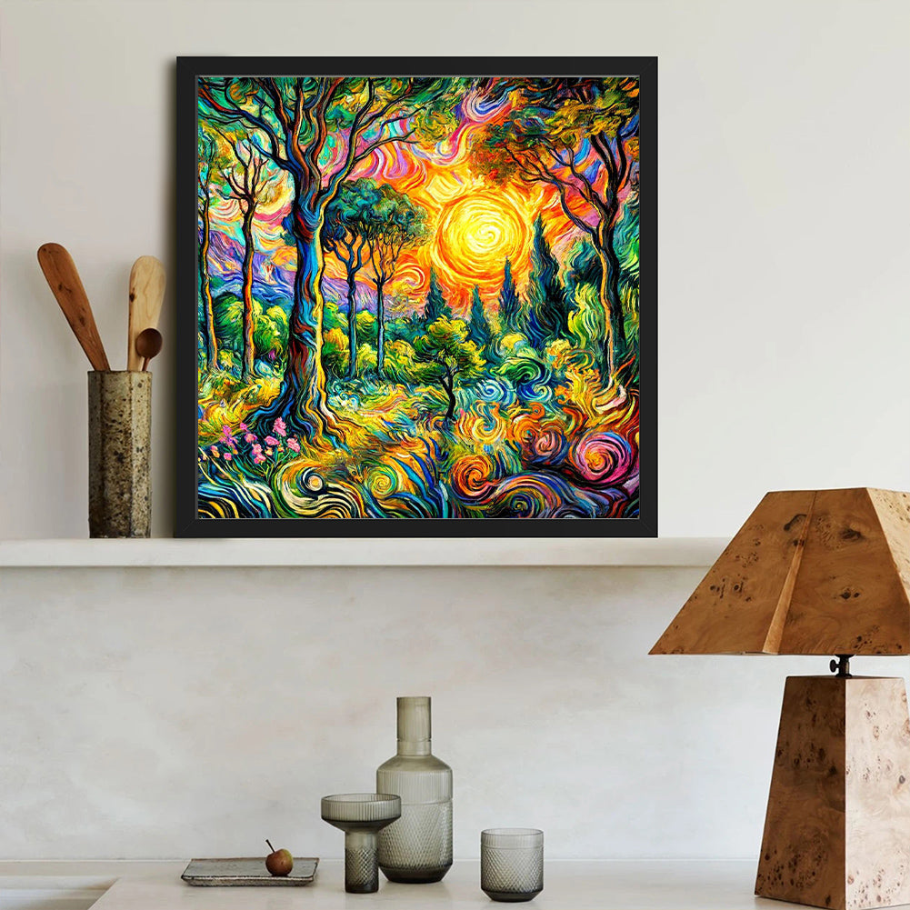 Landscape Painting Of Sunrise Forest - Full Round Drill Diamond Painting 40*40CM