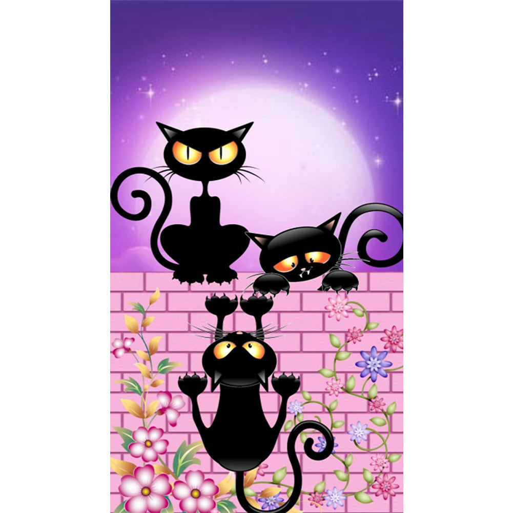 Little Black Cats On The Wall Under The Moon - Full AB Round Drill Diamond Painting 40*70CM