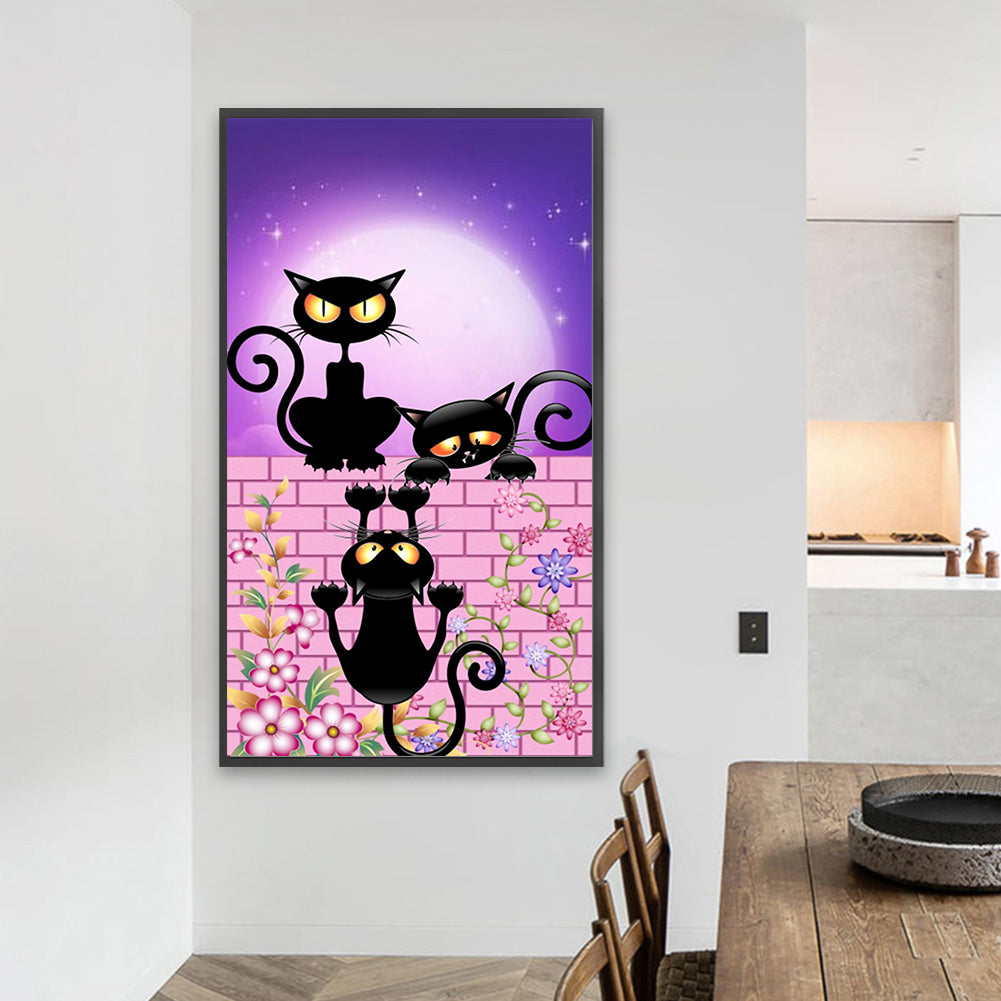Little Black Cats On The Wall Under The Moon - Full AB Round Drill Diamond Painting 40*70CM
