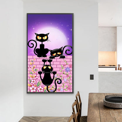 Little Black Cats On The Wall Under The Moon - Full AB Round Drill Diamond Painting 40*70CM