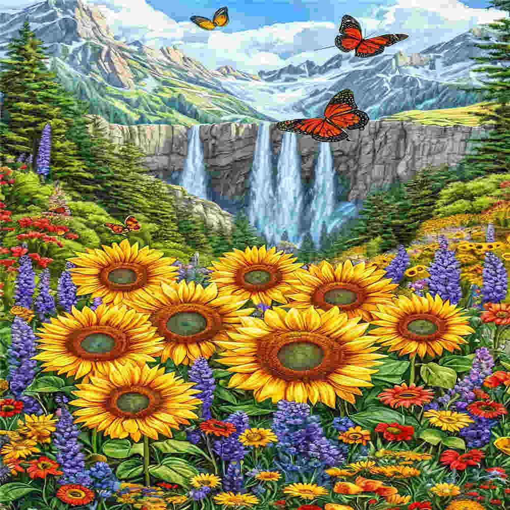 Waterfall And Flowers - Full Round Drill Diamond Painting 40*70CM