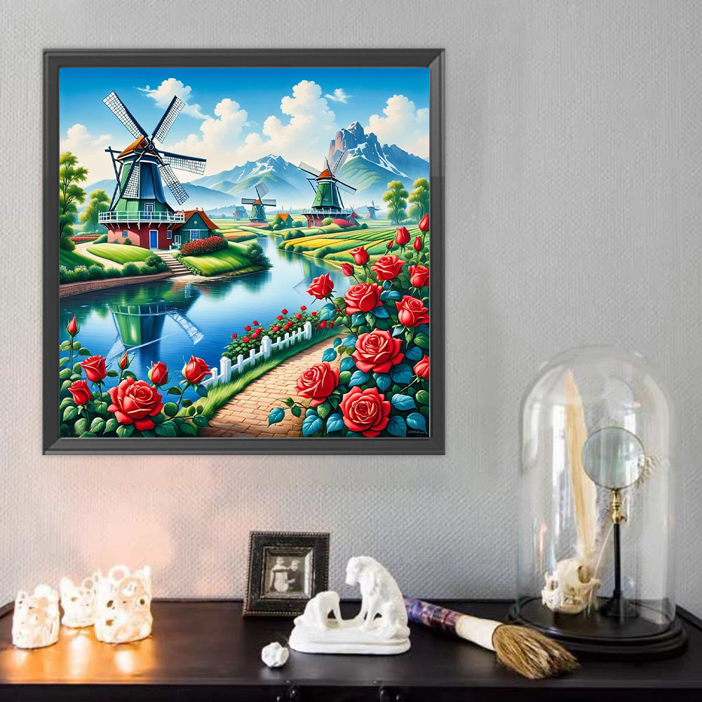 Windmill And Flowers - Full Round Drill Diamond Painting 50*50CM