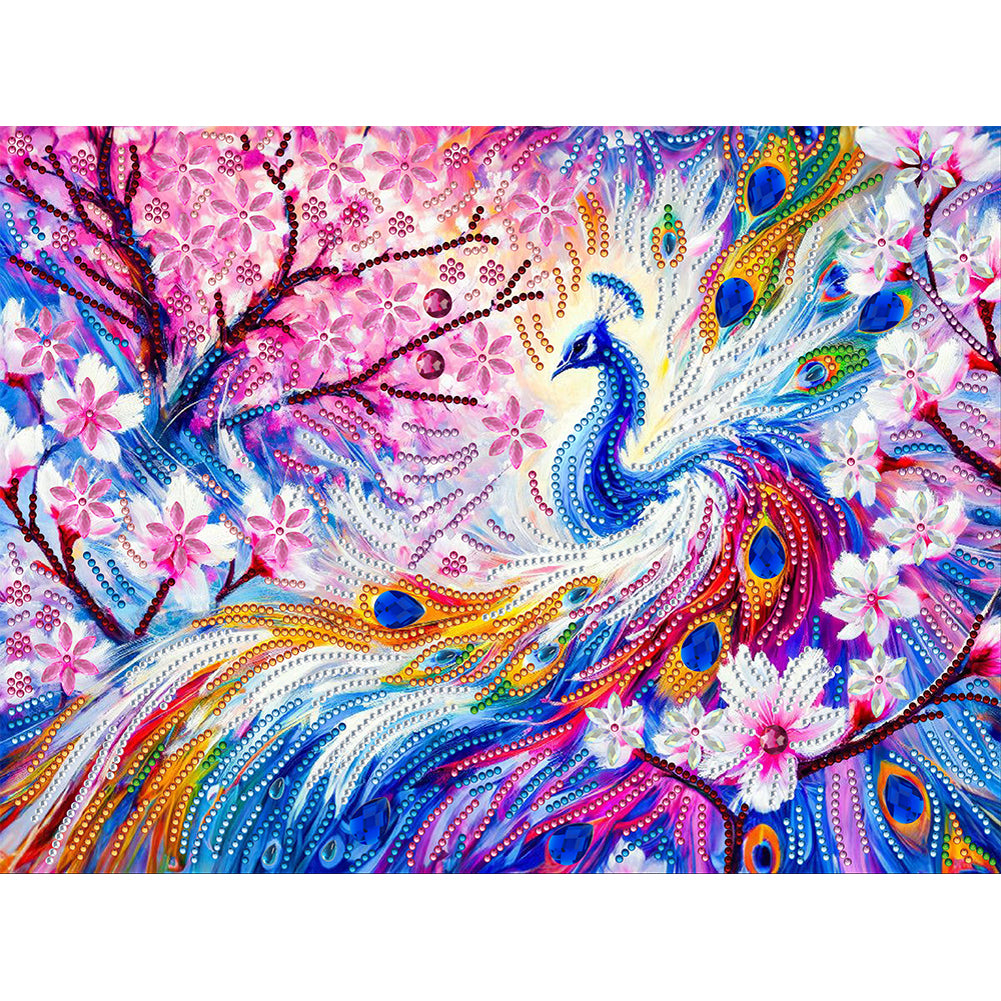Pink Flower Tree Peacock - Special Shaped Drill Diamond Painting 40*30CM