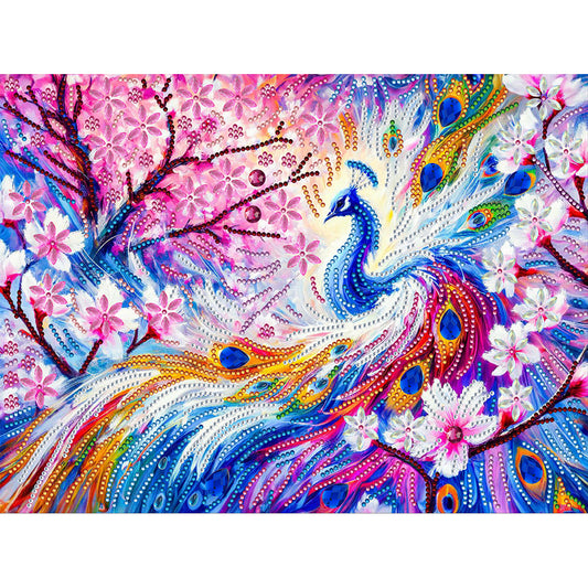 Pink Flower Tree Peacock - Special Shaped Drill Diamond Painting 40*30CM