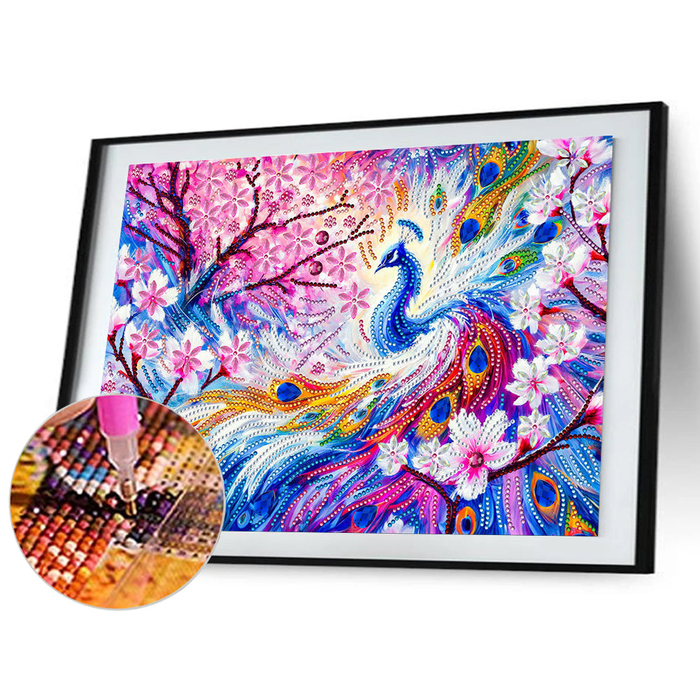 Pink Flower Tree Peacock - Special Shaped Drill Diamond Painting 40*30CM