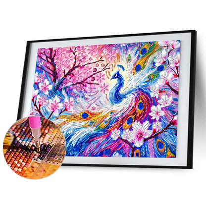 Pink Flower Tree Peacock - Special Shaped Drill Diamond Painting 40*30CM