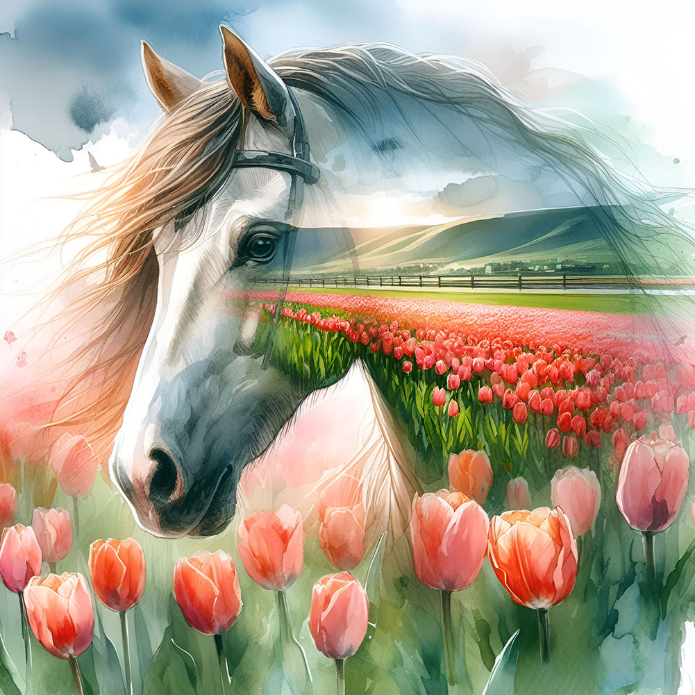 Horse And Tulip Flower Sea - Full Round Drill Diamond Painting 30*30CM