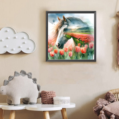 Horse And Tulip Flower Sea - Full Round Drill Diamond Painting 30*30CM