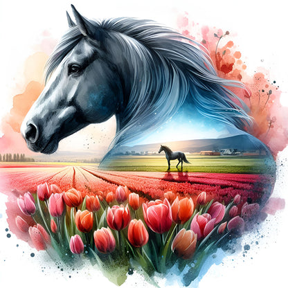 Horse And Tulip - Full Round Drill Diamond Painting 30*30CM