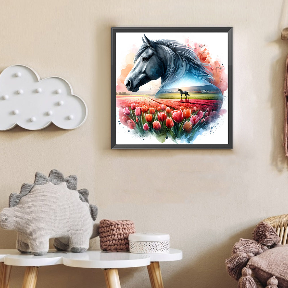 Horse And Tulip - Full Round Drill Diamond Painting 30*30CM