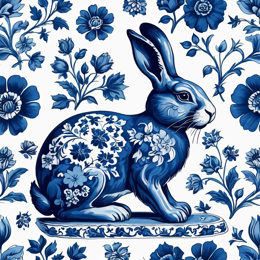 Blue And White Porcelain Style Rabbit - Full Round Drill Diamond Painting 40*40CM