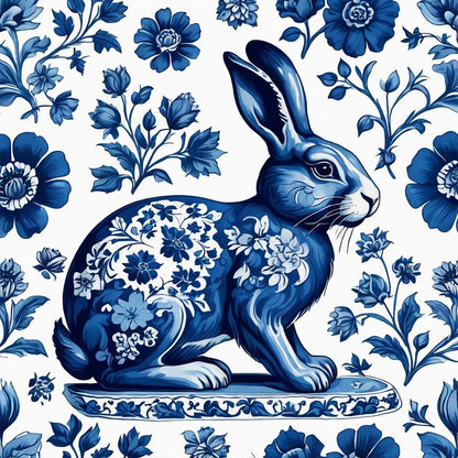 Blue And White Porcelain Style Rabbit - Full Round Drill Diamond Painting 40*40CM