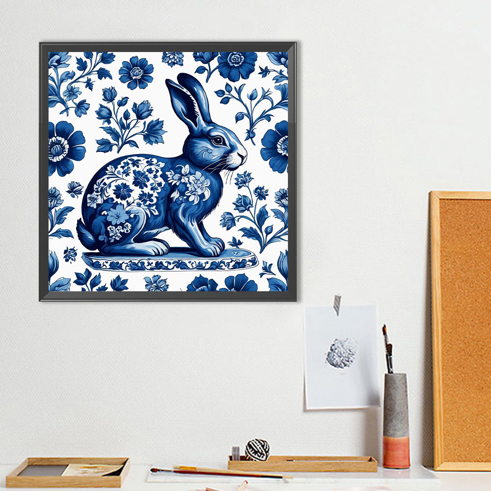 Blue And White Porcelain Style Rabbit - Full Round Drill Diamond Painting 40*40CM