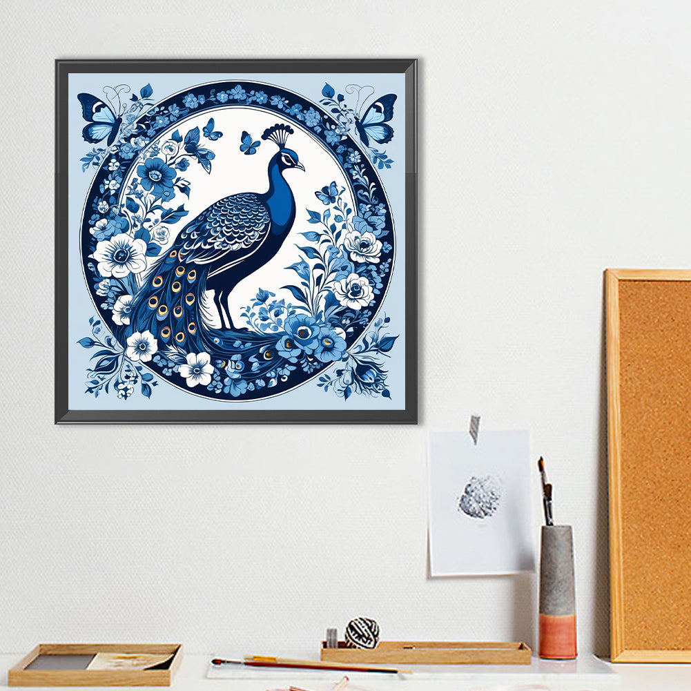 Blue And White Porcelain Style Peacock - Full Round Drill Diamond Painting 40*40CM