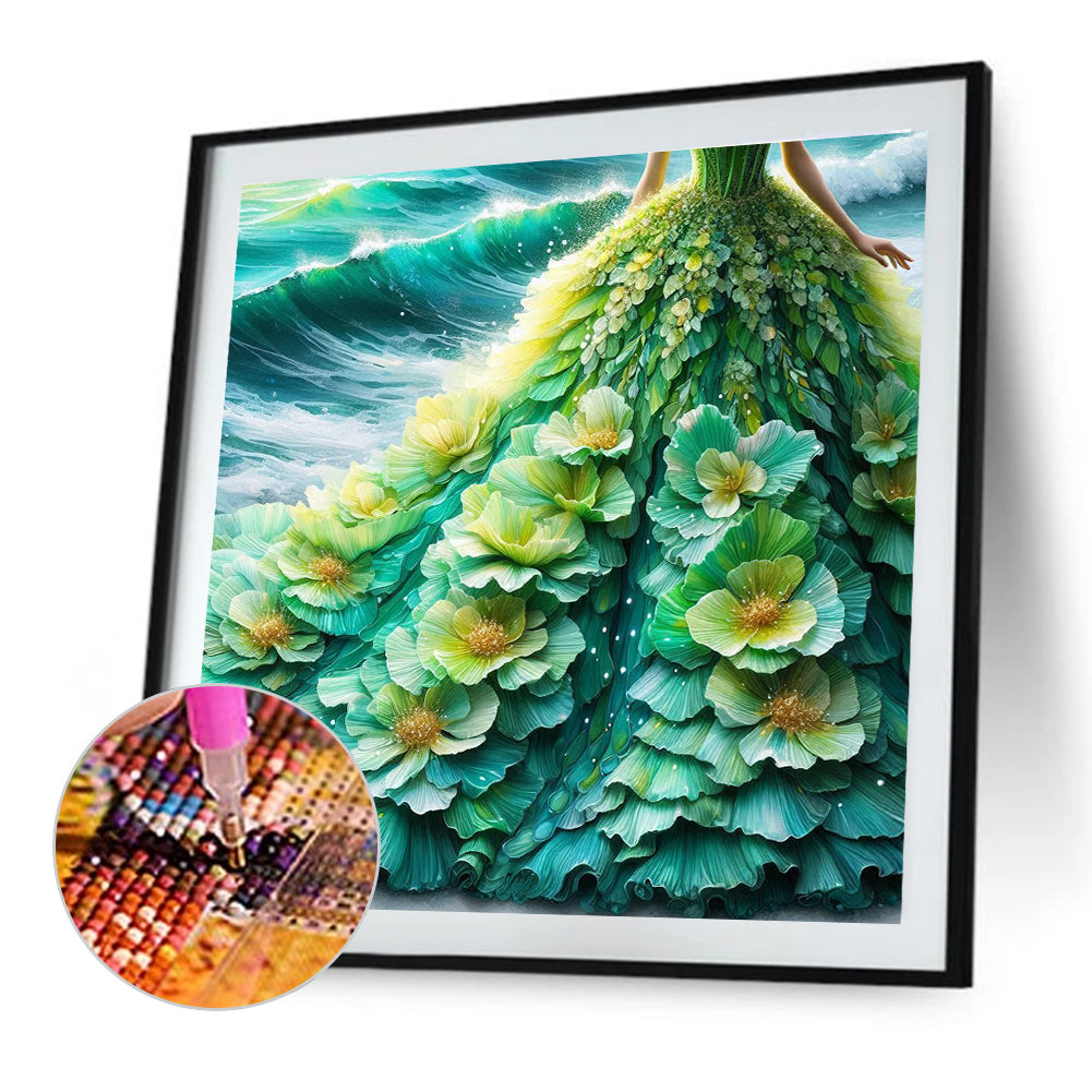 Green Flower Skirt - Full Round Drill Diamond Painting 30*30CM