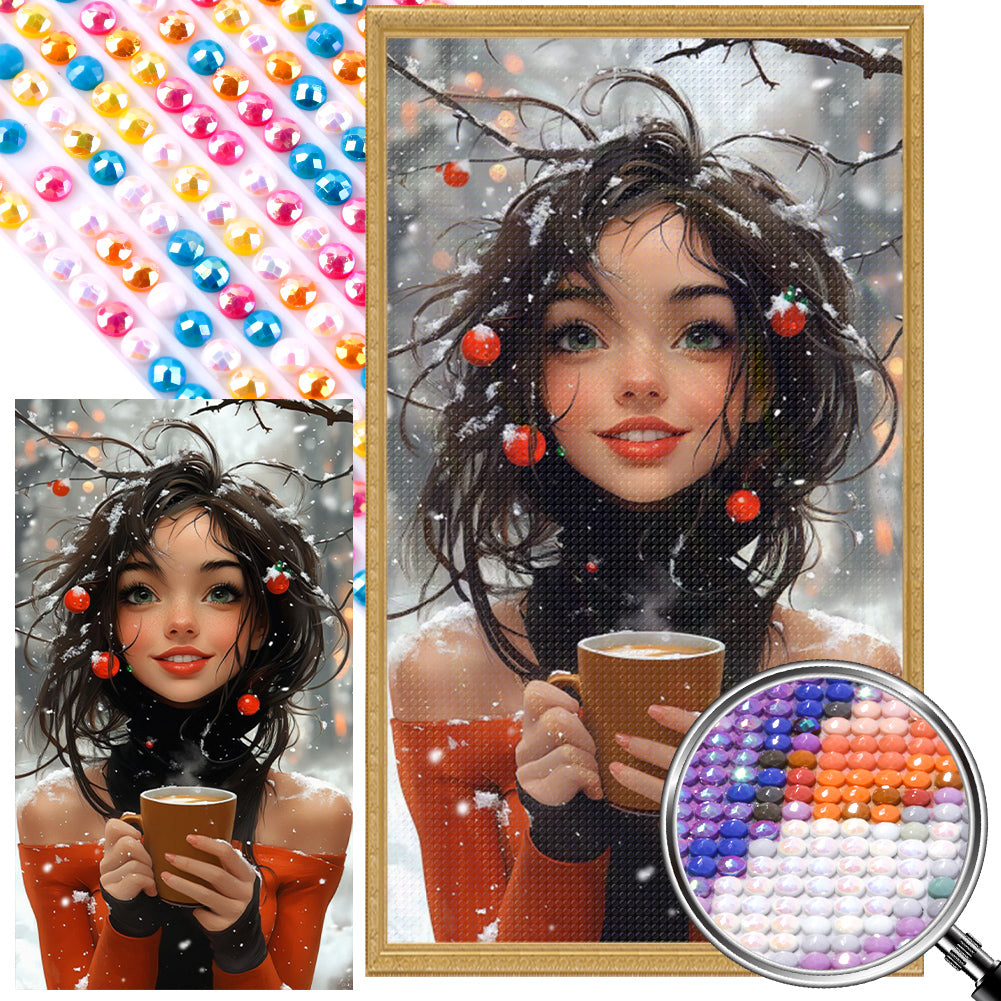 Girl Drinking Coffee In The Snow - Full AB Round Drill Diamond Painting 40*70CM