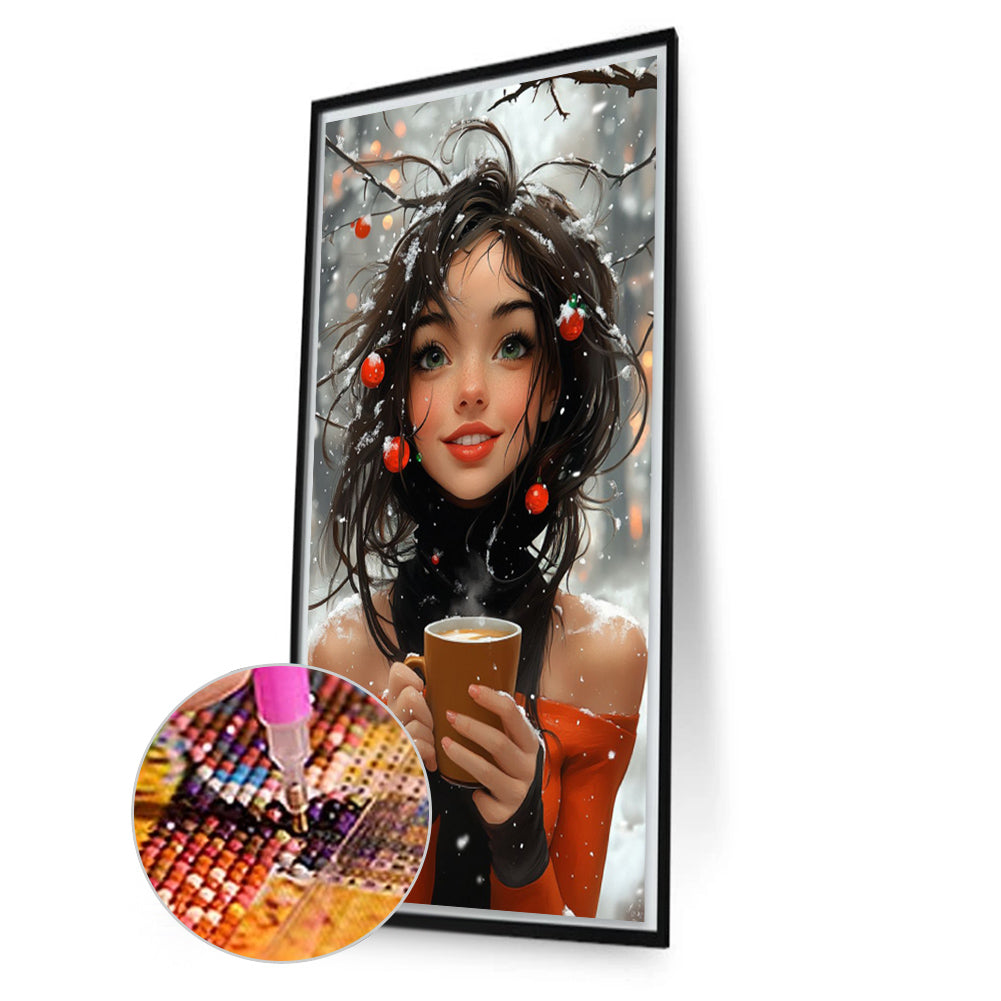 Girl Drinking Coffee In The Snow - Full AB Round Drill Diamond Painting 40*70CM