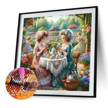 Girl Drinking Tea In The Garden - Full Round Drill Diamond Painting 40*40CM