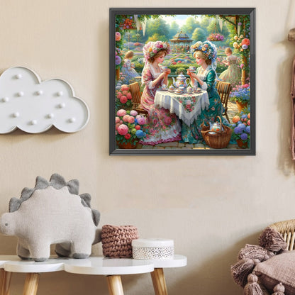Girl Drinking Tea In The Garden - Full Round Drill Diamond Painting 40*40CM