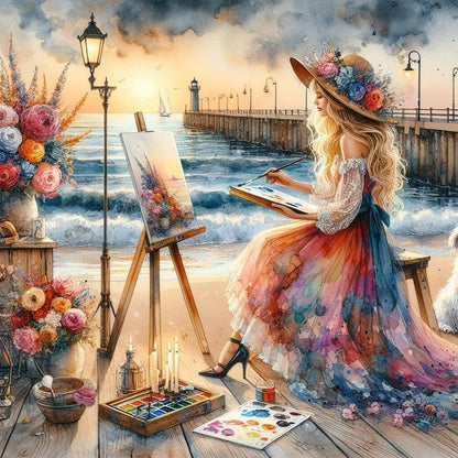 Girl Painting On The Seaside - Full Round Drill Diamond Painting 40*40CM