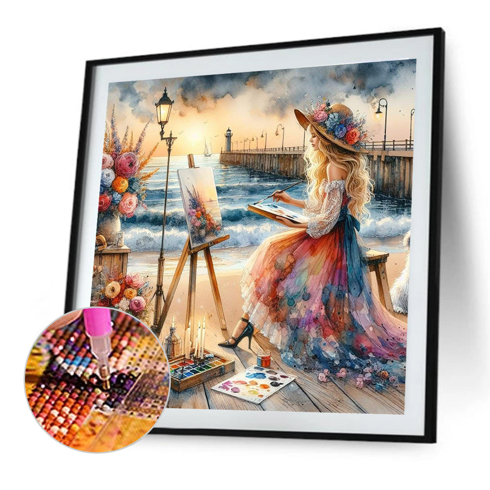 Girl Painting On The Seaside - Full Round Drill Diamond Painting 40*40CM