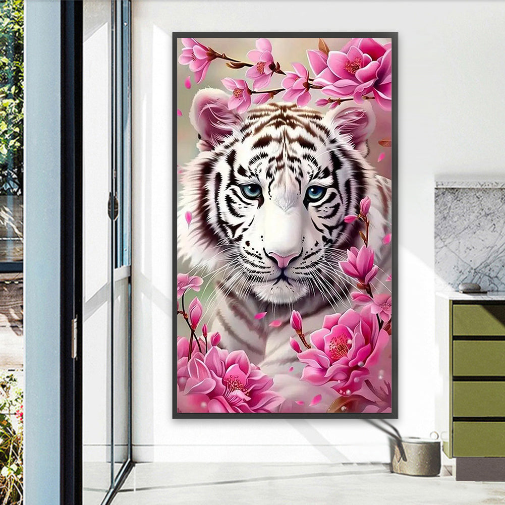 White Tiger And Flower - Full Round Drill Diamond Painting 40*70CM