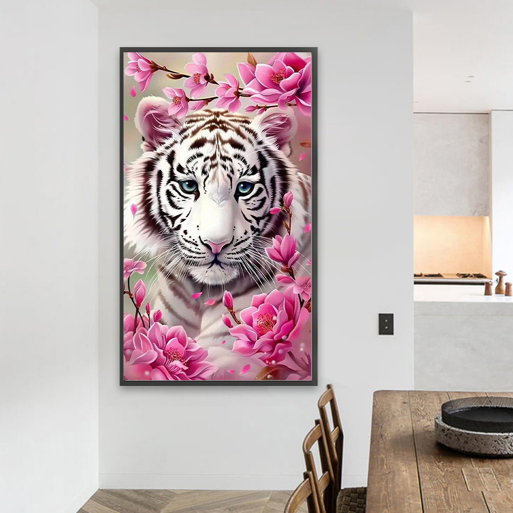White Tiger And Flower - Full Round Drill Diamond Painting 40*70CM