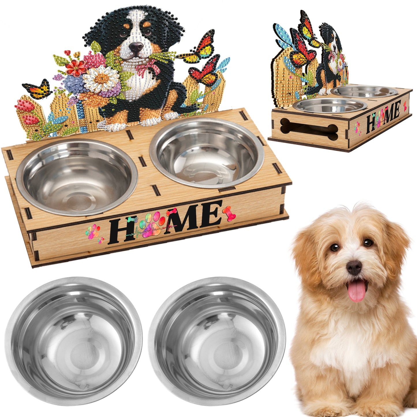 5D DIY Diamond Painting Water Feeder Diamond Art Dog Bowl for Small Medium Pets