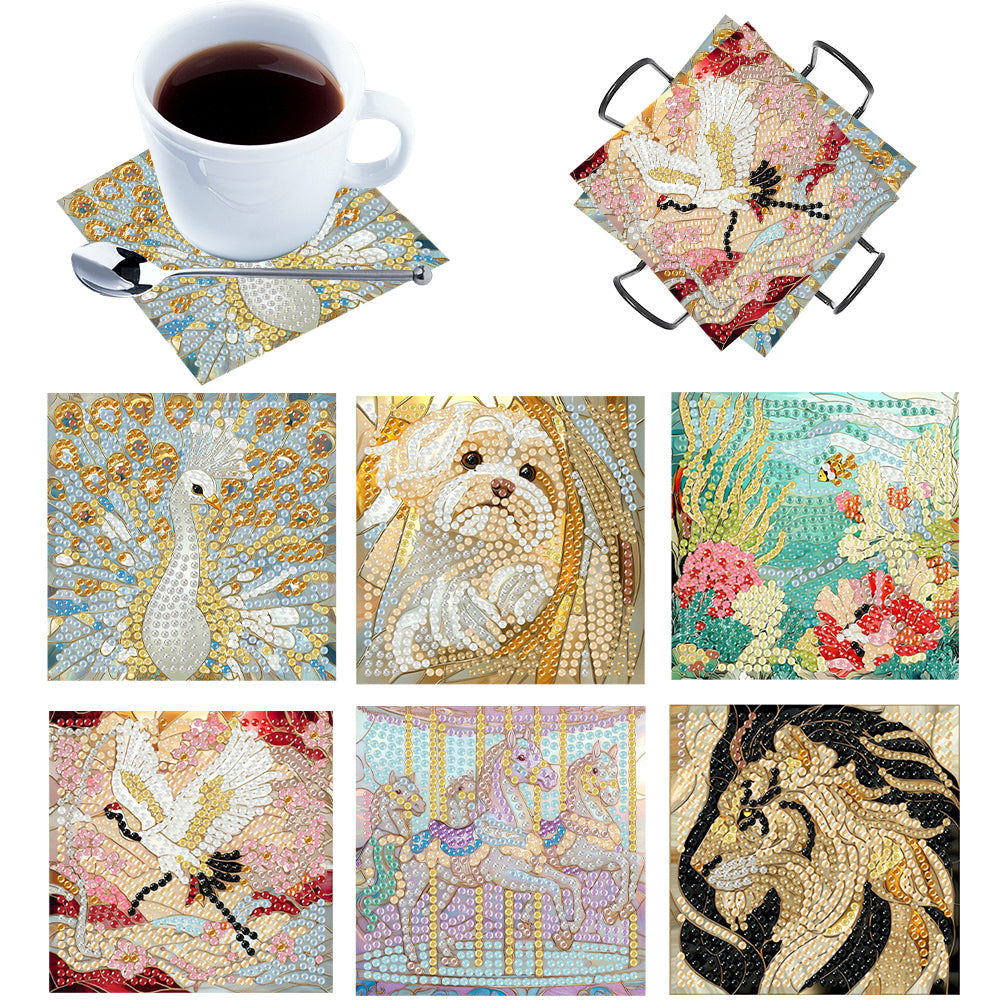 6Pcs Wooden Beautiful Pattern DIY Diamond Painting Coaster Art with Storage Rack