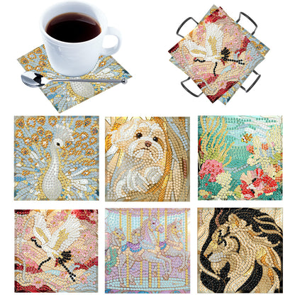 6Pcs Wooden Beautiful Pattern DIY Diamond Painting Coaster Art with Storage Rack