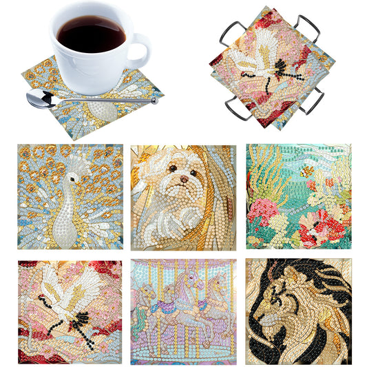 6Pcs Wooden Beautiful Pattern DIY Diamond Painting Coaster Art with Storage Rack
