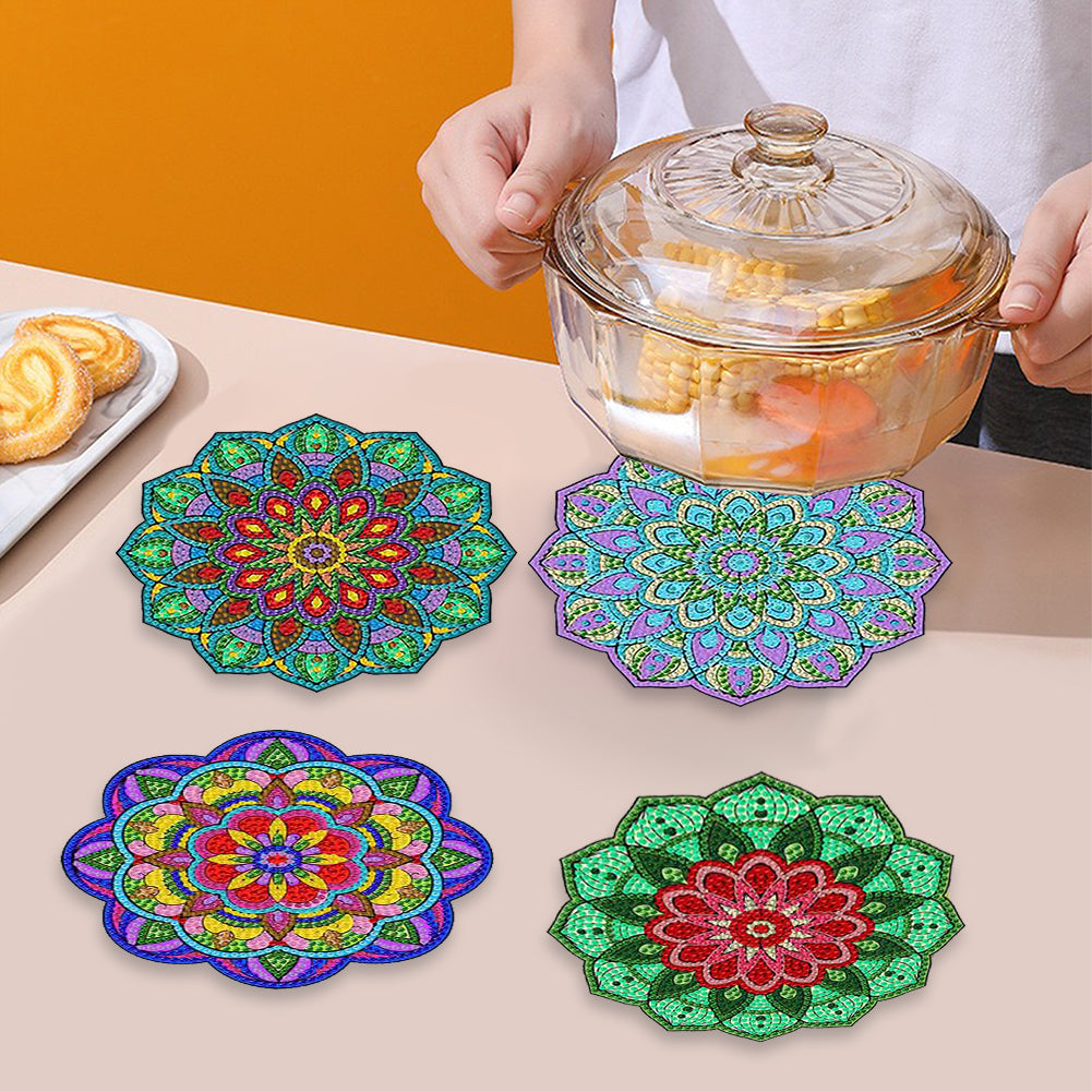 4 Pcs Wooden Diamond Painting Placemats with Holder Round Diamond Art Table Mats