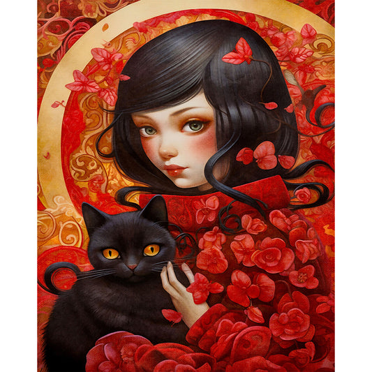 Girl And Cat - Full Round Drill Diamond Painting 40*50CM