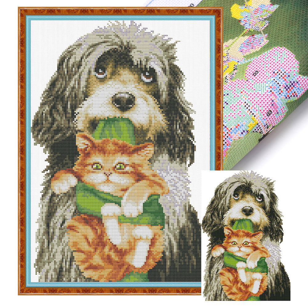 Dog With Kitten - 14CT Stamped Cross Stitch 28*41CM(Joy Sunday)