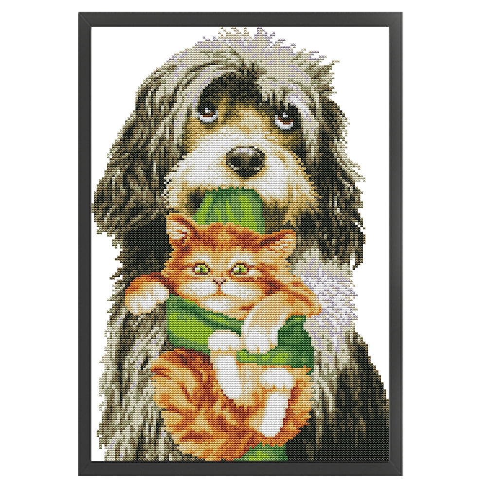 Dog With Kitten - 14CT Stamped Cross Stitch 28*41CM(Joy Sunday)