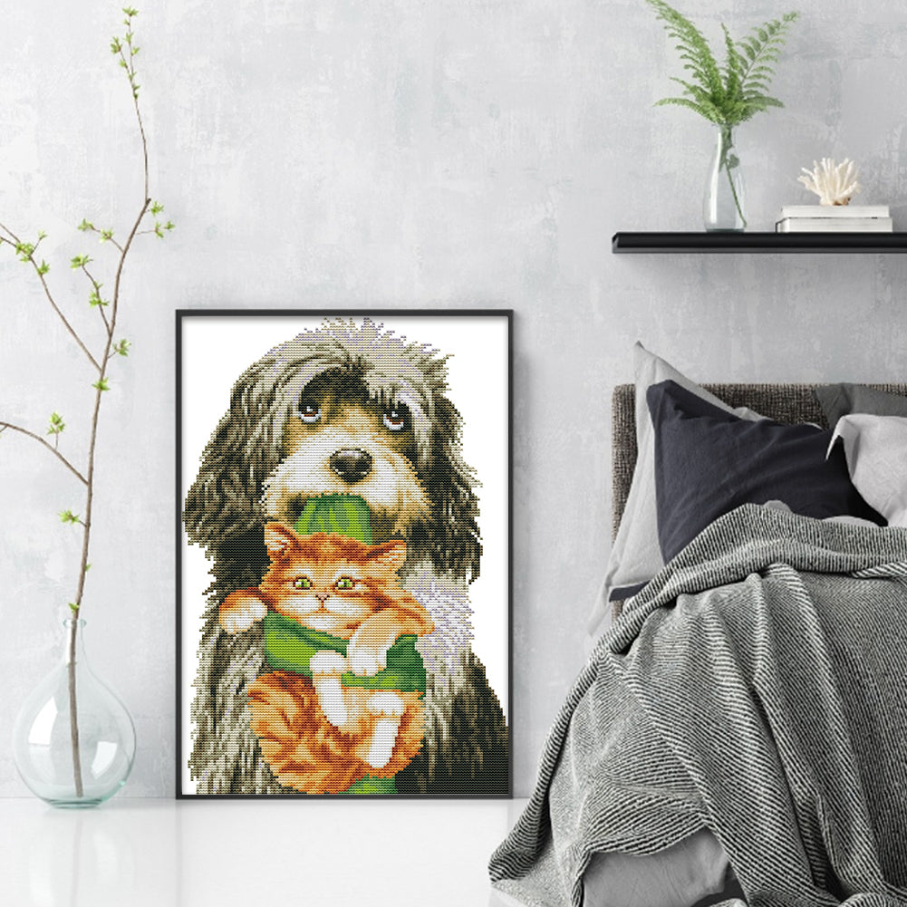 Dog With Kitten - 14CT Stamped Cross Stitch 28*41CM(Joy Sunday)